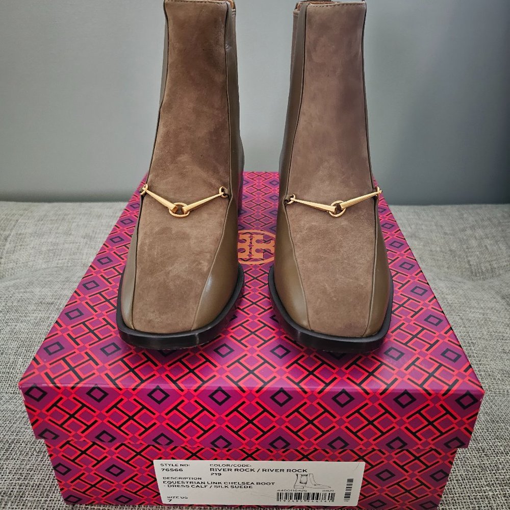New Tory Burch Equestrian Link Chelsea Boot River Rock 7